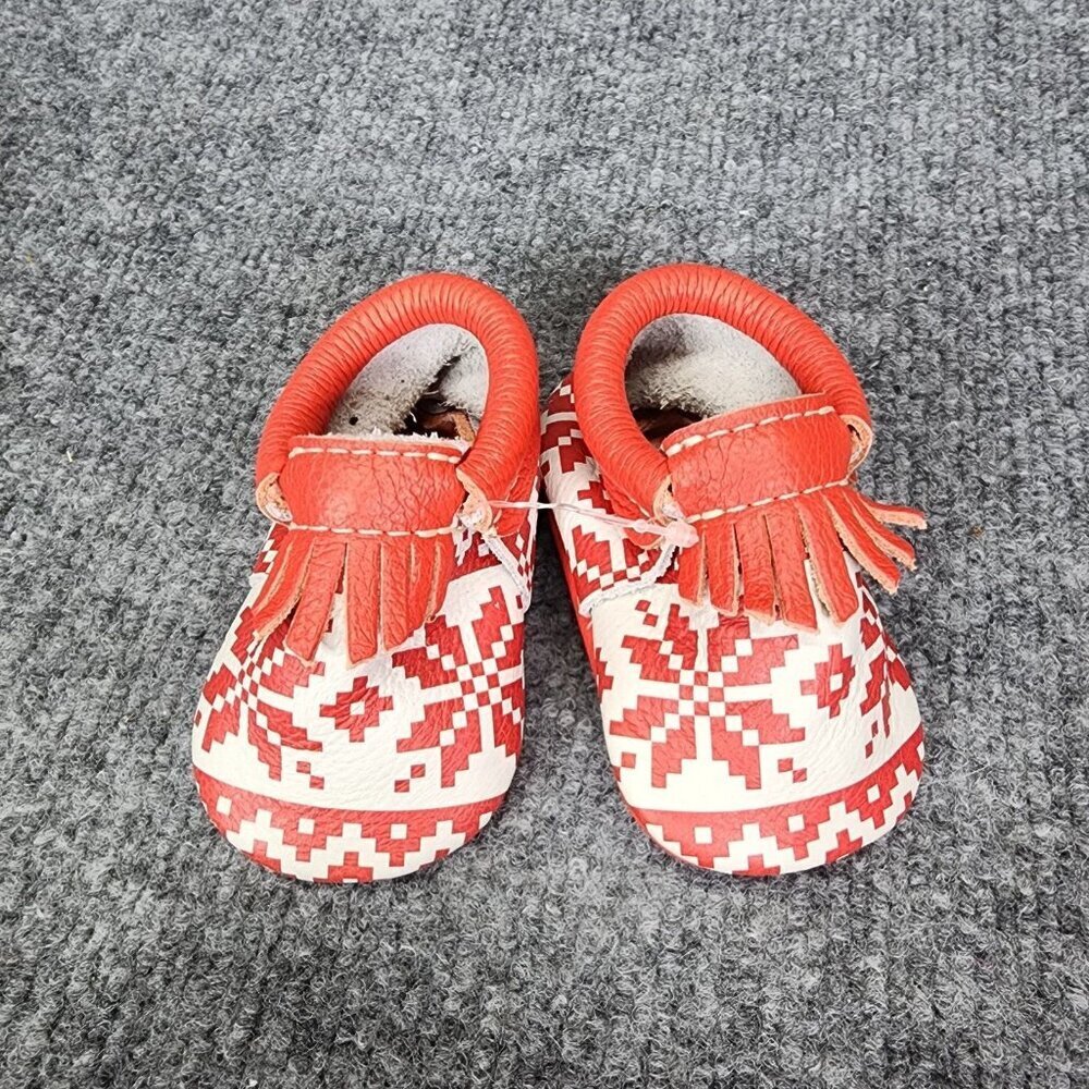 Freshly Picked Baby City Moccasins size 1 Red and white Fringe Leather Christmas
